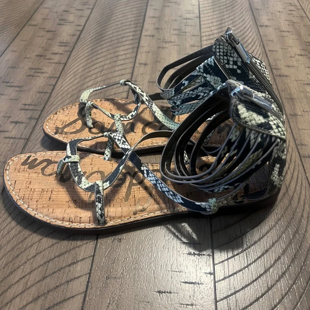 Sam Edelman Women's 9.5 Gladiator Sandals Black Snakeskin Print Wrap Ankle Zip